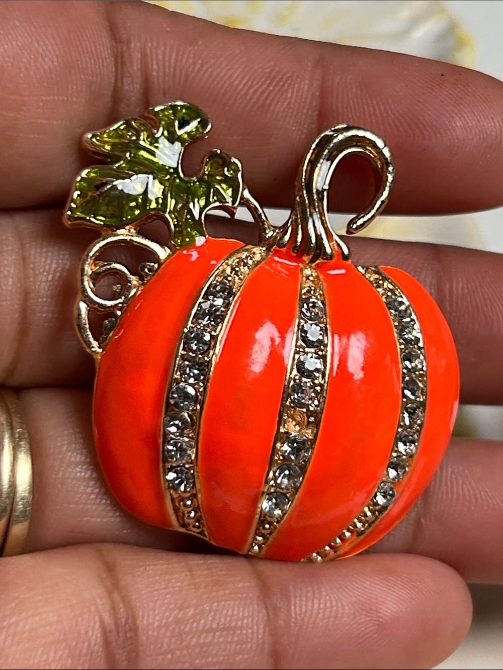 Rhinestone Orange Pumpkin Brooch with Green Leaf Accent